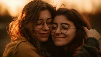 Two young women embracing, smiling in nature generated by AI photo