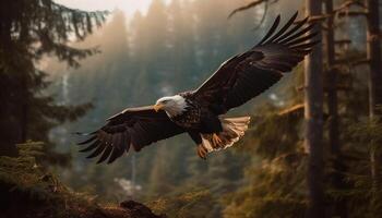 majestuoso calvo águila altísimo mediante el bosque generado por ai foto