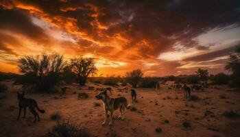 silueta de safari animales en tranquilo crepúsculo generado por ai foto