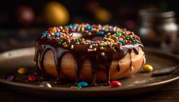 Indulgent chocolate donut with icing generated by AI photo