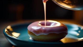 Homemade donut with chocolate icing and coffee generated by AI photo