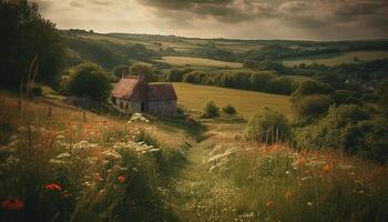 Tranquil meadow, rustic fence, yellow wildflowers bloom generated by AI photo