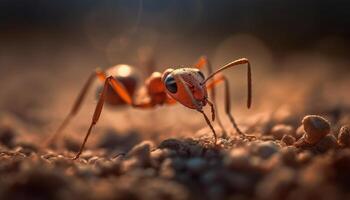 Ant colony crawls on tree branch at sunset generated by AI photo