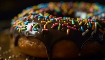Freshly baked donut with colorful candy icing generated by AI photo