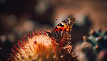 Vibrant butterfly pollinates yellow flower in summer generated by AI photo