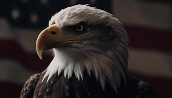 Majestic bald eagle perching, staring at camera generated by AI photo