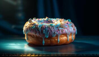 Freshly baked donut with chocolate icing temptation generated by AI photo