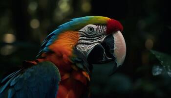 Vibrant macaw perching on branch in rainforest generated by AI photo