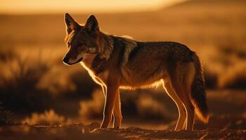 gris lobo en pie en tranquilo crepúsculo desierto generado por ai foto