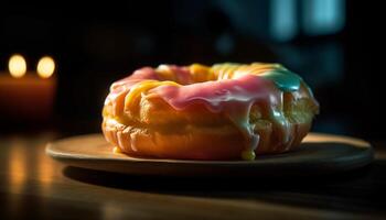 Freshly baked donut with chocolate icing and cream generated by AI photo