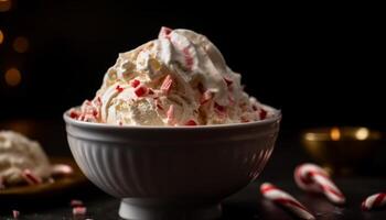 indulgente hielo crema helado con frutas y nueces con gastrónomo coberturas generado por ai foto