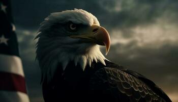 Majestic bald eagle perching, looking at camera generated by AI photo