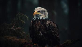 Majestic bald eagle perching on tree branch generated by AI photo