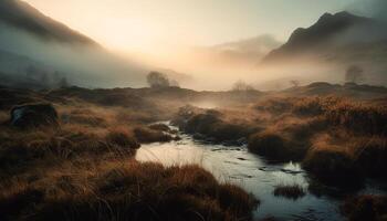 Mountain peak reflects sunrise, tranquil beauty in nature generated by AI photo