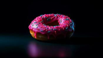 Glazed donut with strawberry icing and sprinkles generated by AI photo