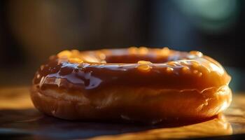 Freshly baked donut with chocolate icing indulgence generated by AI photo