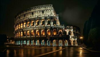 Majestic architecture illuminated at night, a landmark reflection generated by AI photo