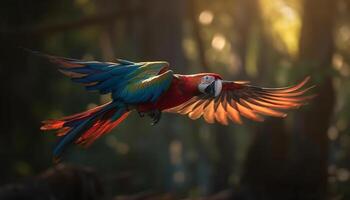 Vibrant macaw perched on branch in forest generated by AI photo