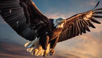 Bald eagle spreads wings in majestic flight generated by AI photo