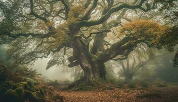 Mystery in nature spooky autumn forest fog generated by AI photo