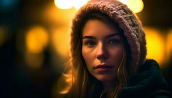 Young woman smiling in winter night outdoors generated by AI photo