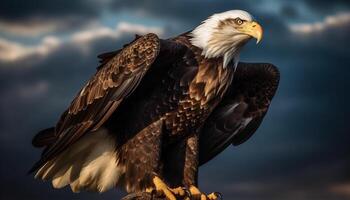 majestuoso calvo águila posado, untado alas, generado por ai foto