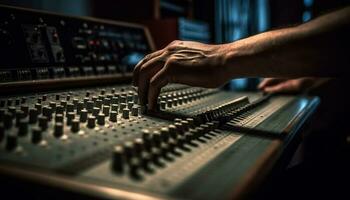 Expert sound engineer adjusts mixer knobs at night generated by AI photo