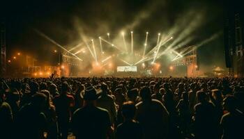 Nighttime concert crowd cheers as band rocks on generated by AI photo