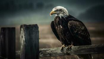 Bald eagle perching on branch, looking majestic generated by AI photo
