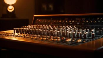 Sound engineer adjusting knobs on mixing desk generated by AI photo