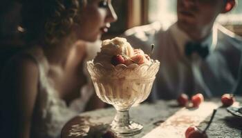 Young adults enjoying gourmet dessert indoors together generated by AI photo