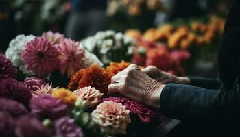 caucásico florista participación Fresco ramo de flores al aire libre generado por ai foto