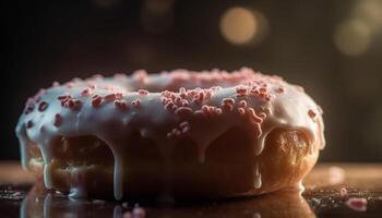 Freshly baked chocolate donut with strawberry icing generated by AI photo