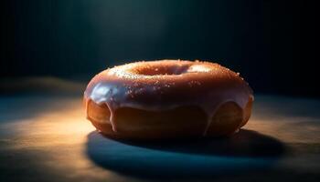 Freshly baked donut with chocolate icing and sprinkles generated by AI photo