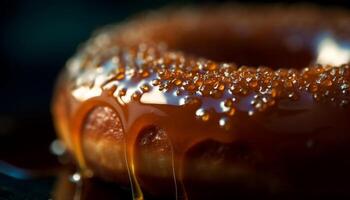 Fresh chocolate donut, wet with honey drop generated by AI photo