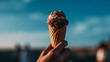 Hand holding ice cream cone, summer refreshment generated by AI photo