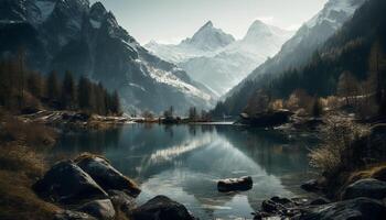 Majestic mountain peak reflects tranquil autumn beauty generated by AI photo