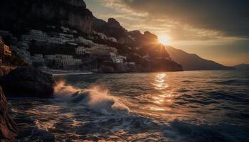 Sunset over rocky cliff, waves crash below generated by AI photo