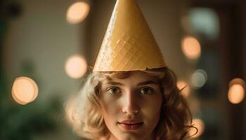 Young woman holding birthday decoration, smiling cheerfully generated by AI photo