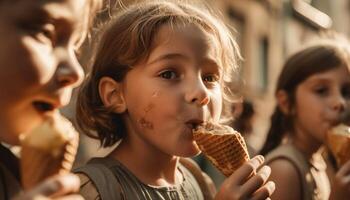 Girls and boys enjoying ice cream outdoors generated by AI photo