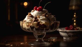 indulgente hielo crema helado con frutas y nueces con Fresco bayas generado por ai foto