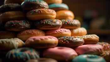 donuts stacked on rustic wood table generated by AI photo