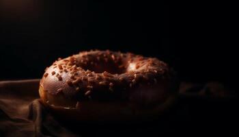 Indulgent chocolate donut on rustic wooden plate generated by AI photo