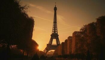 puesta de sol silueta de majestuoso puente en París generado por ai foto