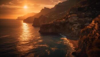 Majestic sunset over tranquil waters and cliffs generated by AI photo