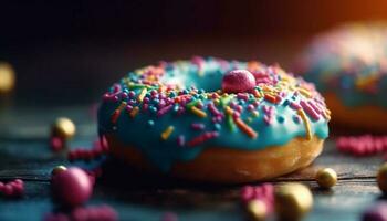 Indulgent baked donuts with chocolate icing decoration generated by AI photo