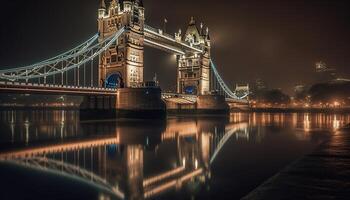 iluminado suspensión puente majestuosamente refleja en agua generado por ai foto