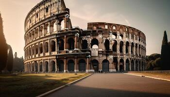 Ancient architecture illuminated by sunset, majestic journey generated by AI photo