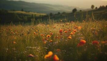 Vibrant wildflowers blossom in tranquil meadow scene generated by AI photo