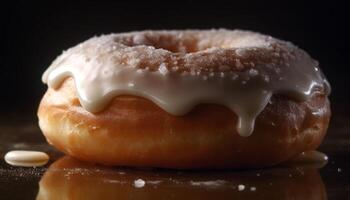 Gourmet donut with chocolate icing and candy generated by AI photo